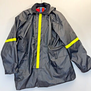Vintage Acadia Rain Jacket Mens L Black PVC Plaid Lined Hooded Reflective Coat